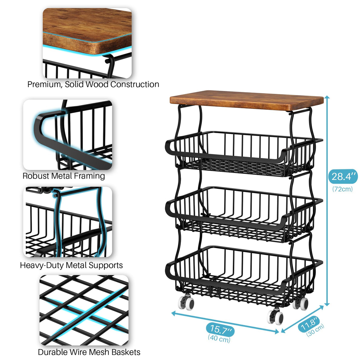 4 Tier Vegetable Fruit Basket for Kitchen, Stackable Metal Fruit and Vegetable Storage Baskets with