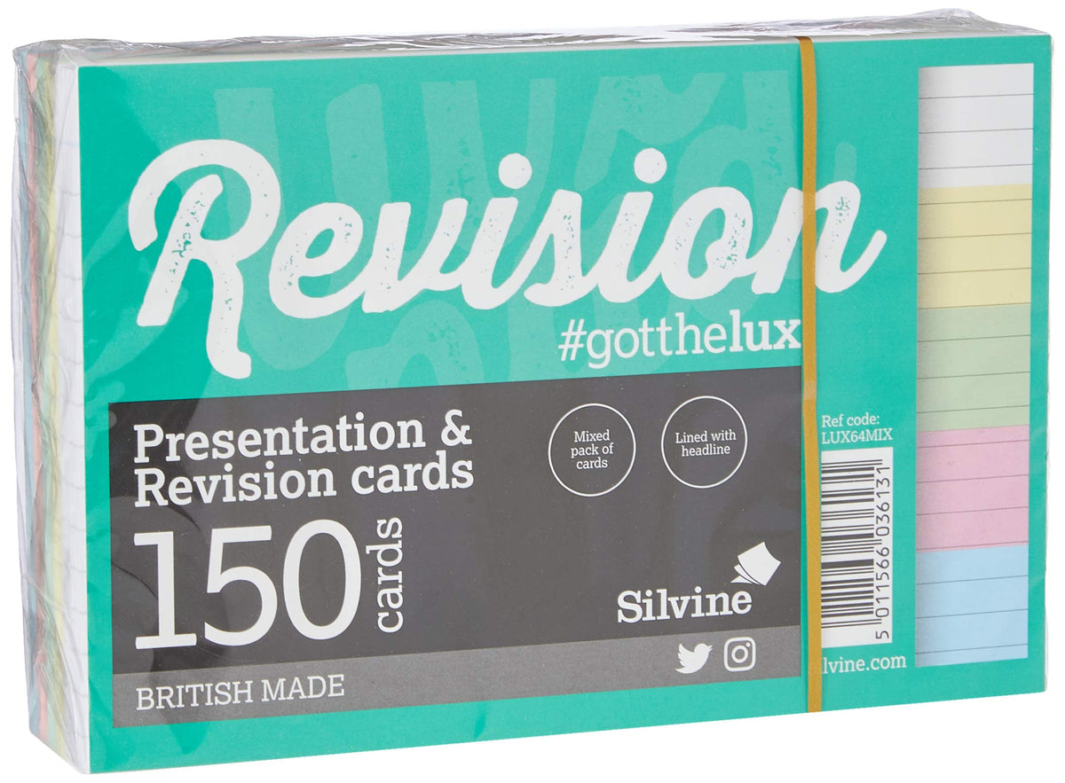 Silvine Luxpad A6 Lined Revision & Presentation Cards - Assorted Colours + White. 150 Cards Per Pad