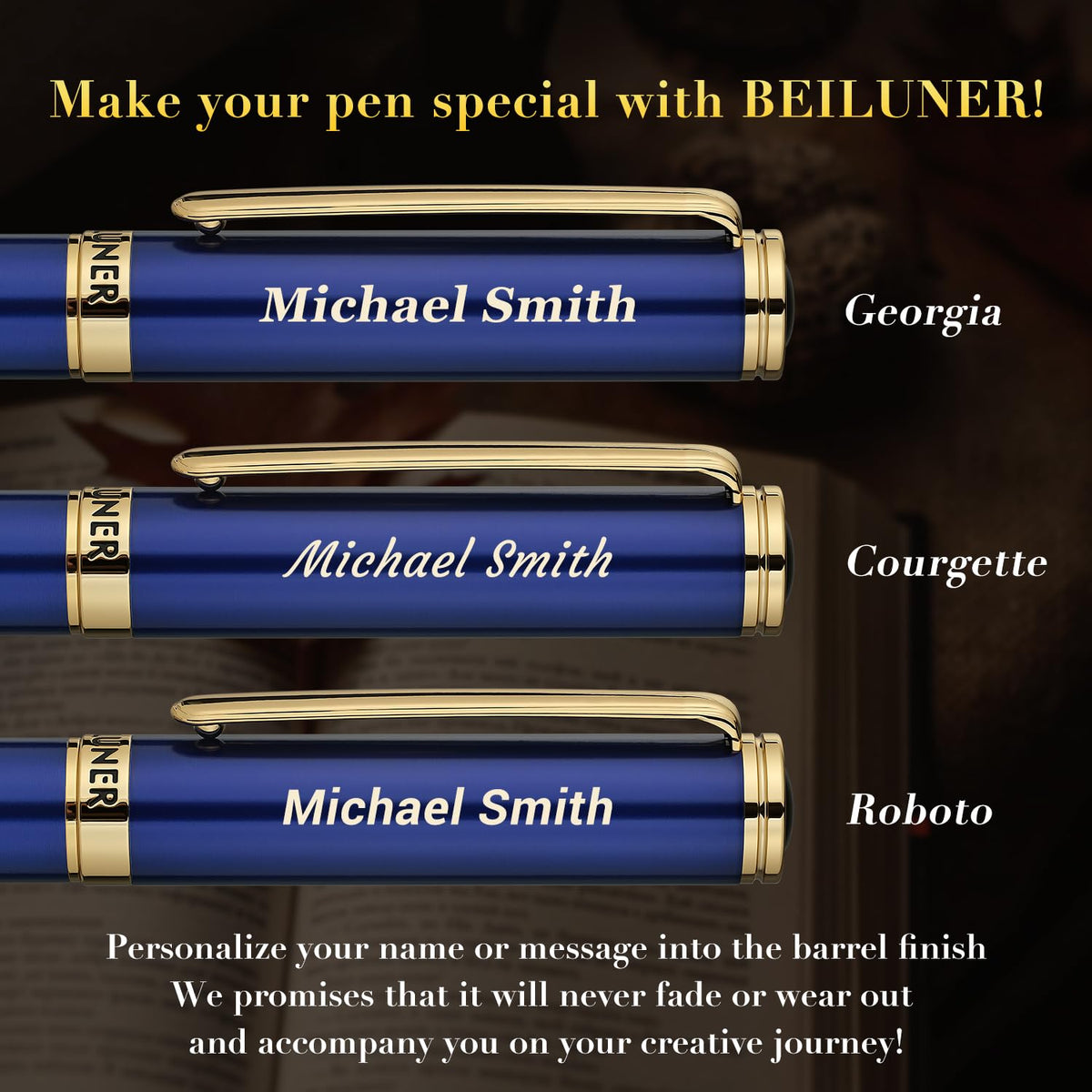 BEILUNER Blue Personalized Fountain Pen,Stunning Luxury Lacquer,24K Gilded Nib(Fine),Gorgeous 24K