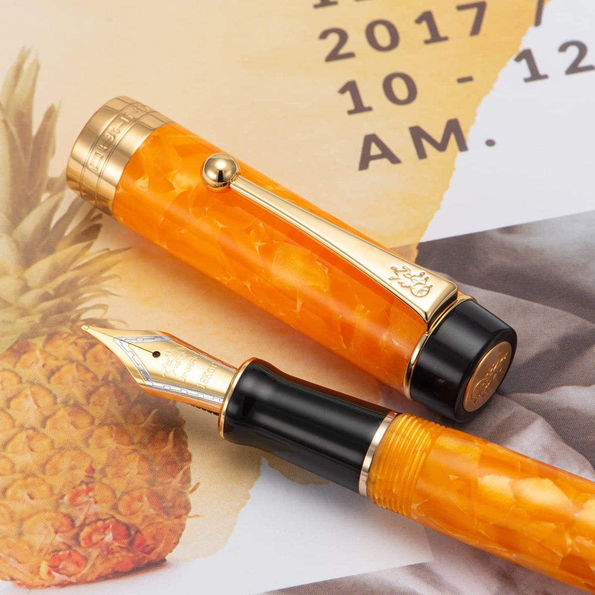 Jinhao 100 Classic Fountain Pen Orange Marble Celluloid, Extra Fine Nib with Converter and Pen Case