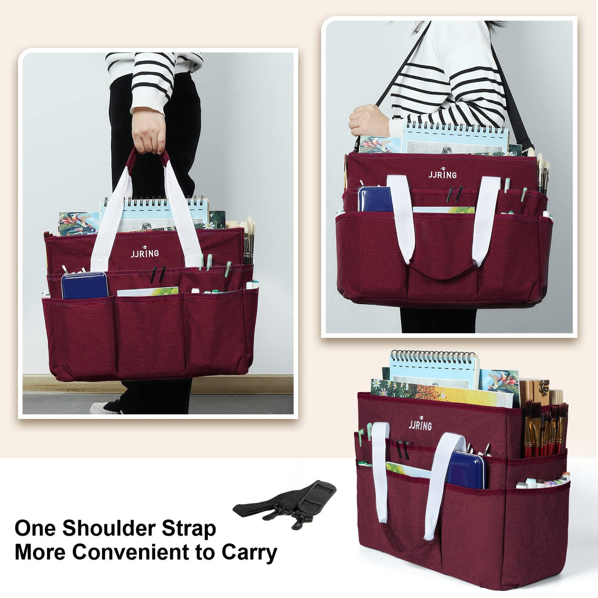 JJRING Craft Organizer Tote Bag Large Art Storage Caddy Dark Red
