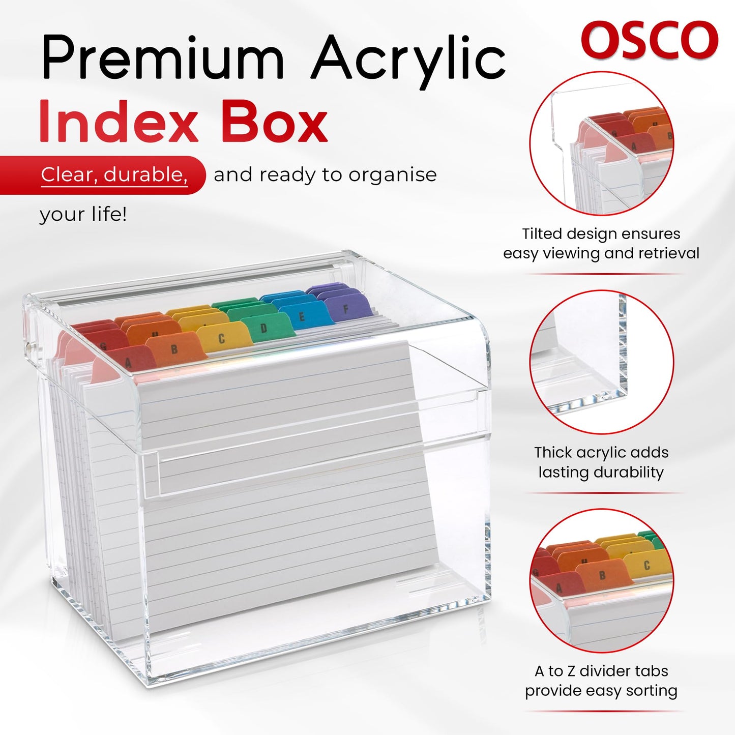 OSCO Medium Clear Acrylic Index Box, A to Z Divider Tabs, 100 Lined Note Cards, 5" x 4", Ruled