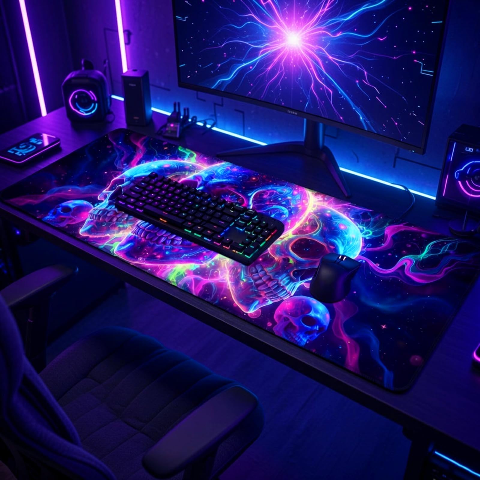 Manicer Blacklight Skull Mouse Pad – UV Reactive Neon Glow Gaming Desk Mat, Colorful Skeleton