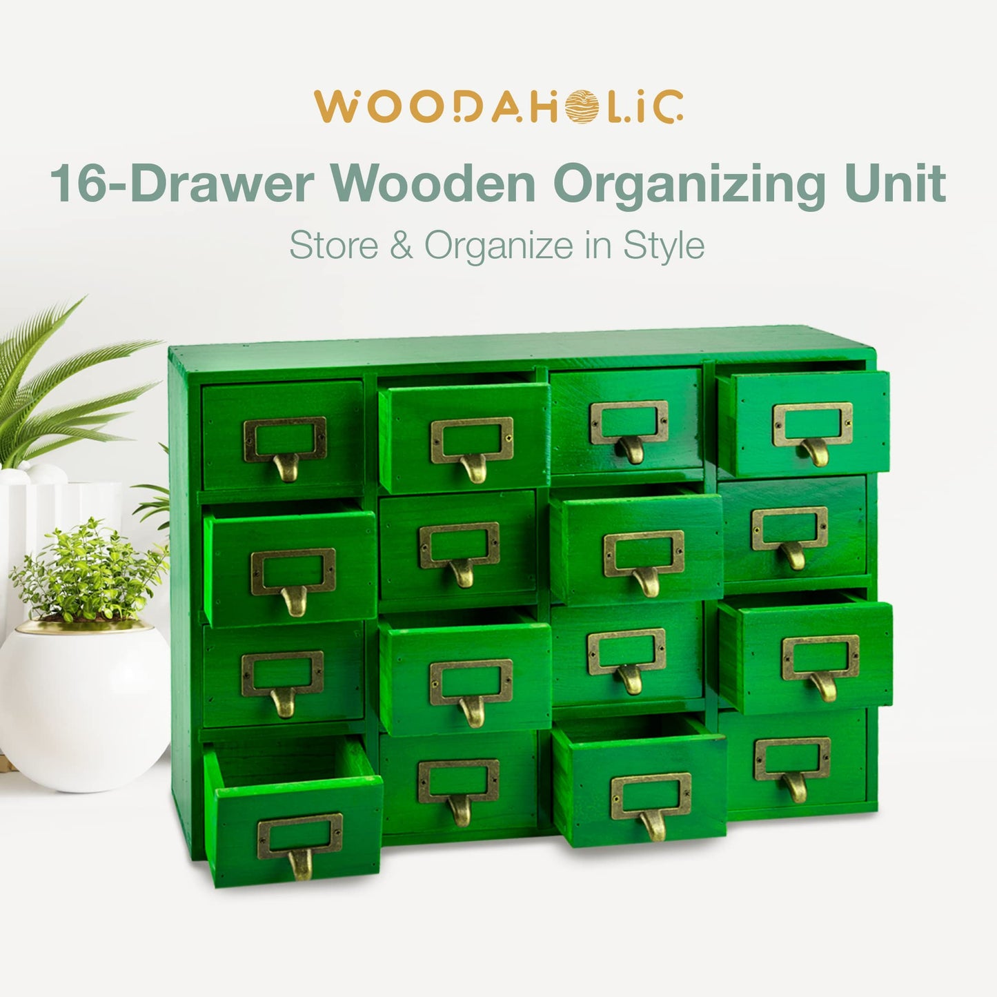 Emerald Green Wood 16-Drawer Apothecary Small Cabinet - 20"x3.6”x14” Card Catalog Style Table Top