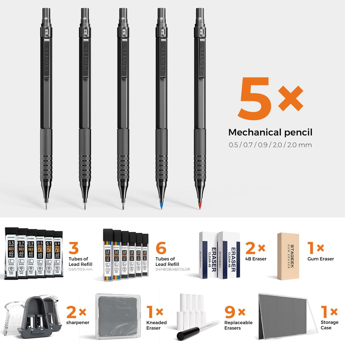 STAGEEK 25PCS Art Mechanical Pencil Set, 3PCS Metal lead pencil 0.5, 0.7, 0.9, 2PCS 2mm Drawing