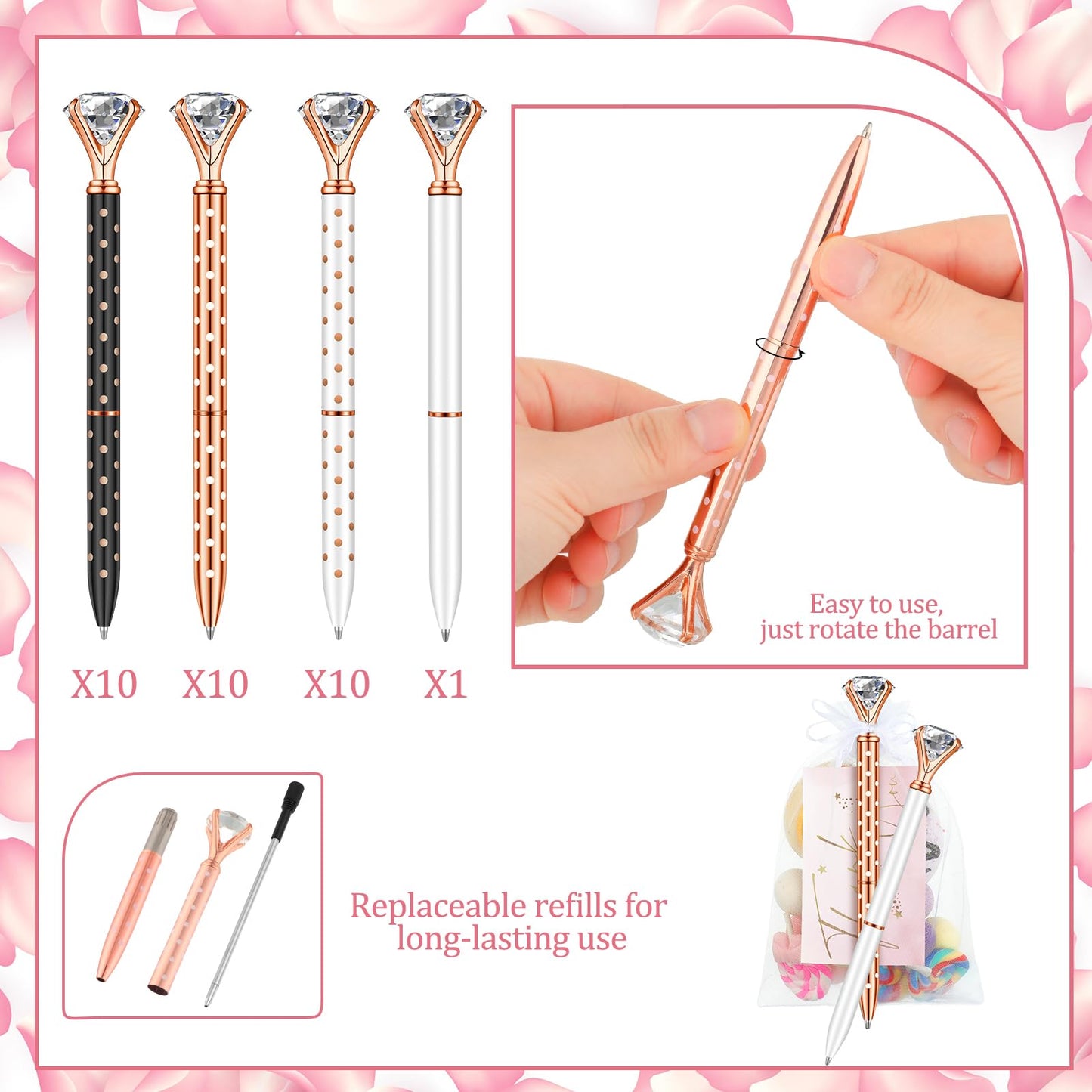 Yeaqee 91 Pcs Bridal Shower Pens Set, Black, White, Rose Gold, Dot Style
