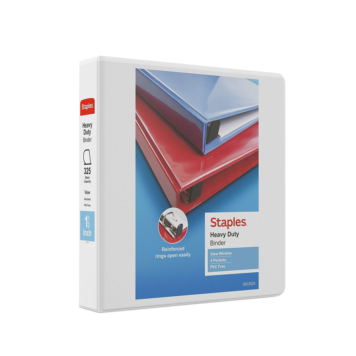 Staples Heavy-Duty 1.5-Inch 3-Ring View Binders, White, D-Ring, 3-Pk