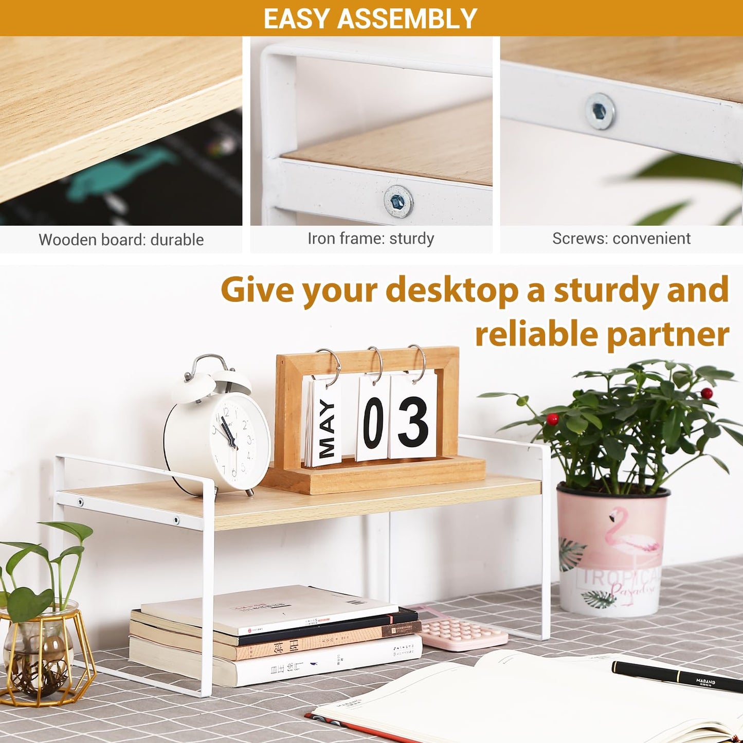 YGYQZ Desk Shelf Organizer for Top of Desk, 1-Tier Desktop Bookshelf, White & Wood