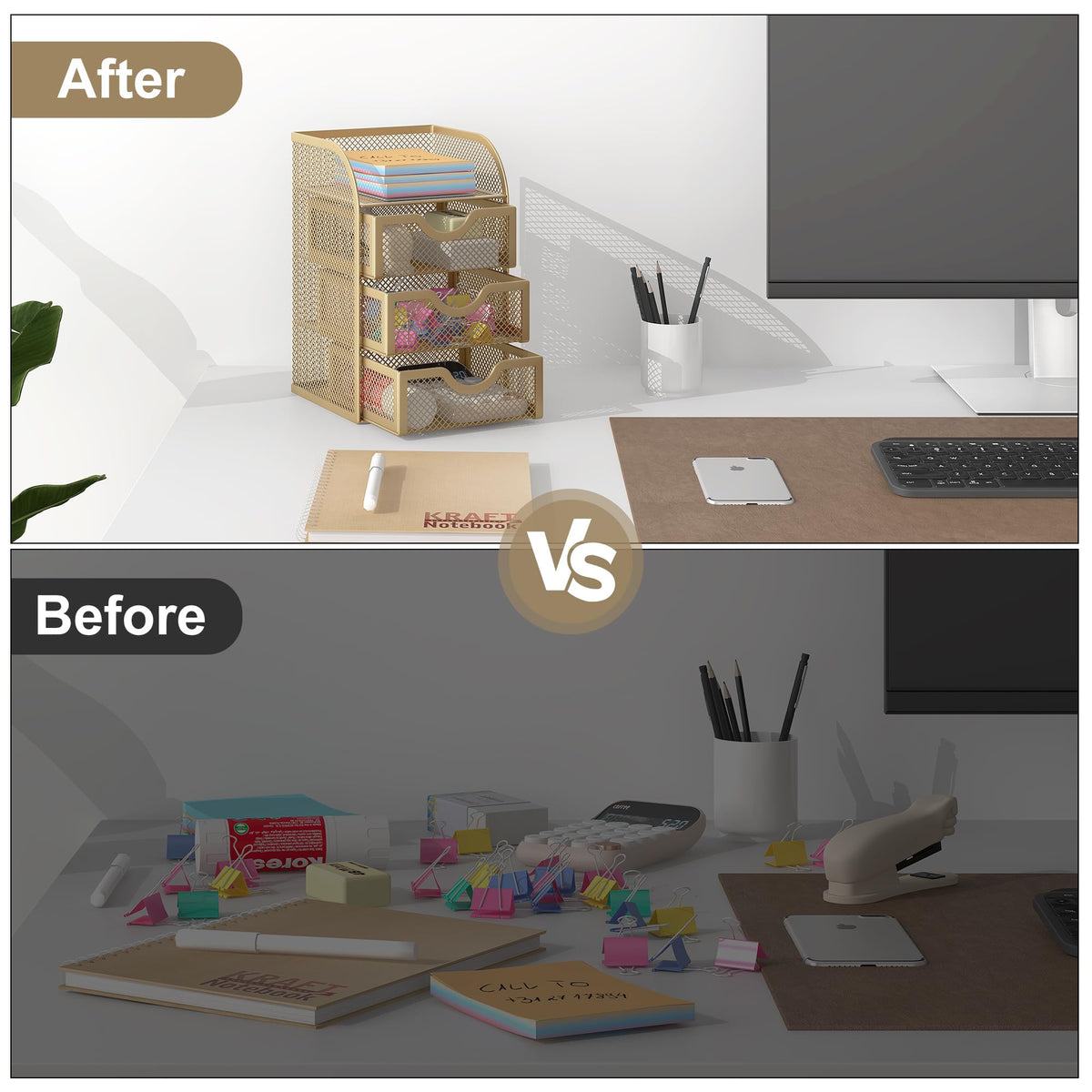 EasyPAG Mesh Desk Organizer with 3 Drawer Office Desktop Organizers and Accessories Stationery