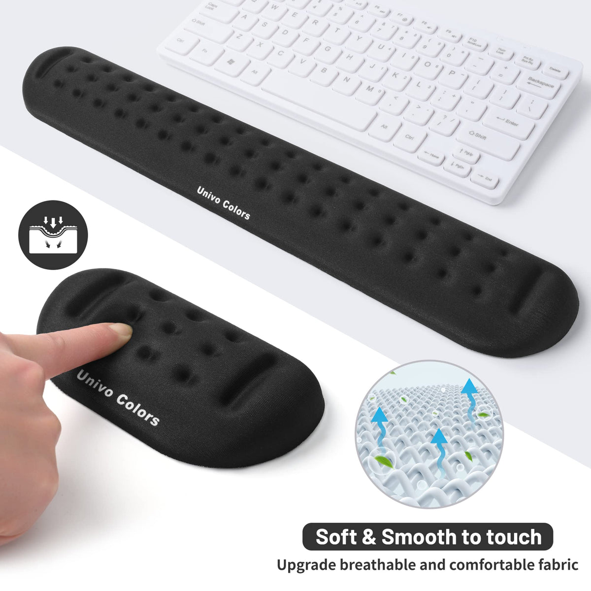 Univo Colors Black Keyboard Wrist Support and Mouse Wrist Rest Set, Made of Memory Foam Soft Gel