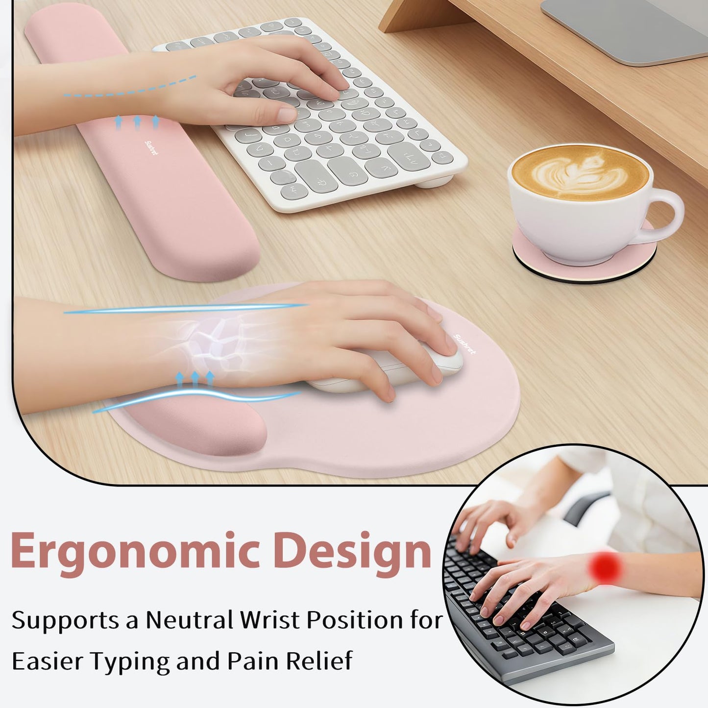 Sushret Mouse Pad and Keyboard Wrist Rest, 3-in-1 Gel Memory Foam Ergonomic Mouse Pad with Wrist