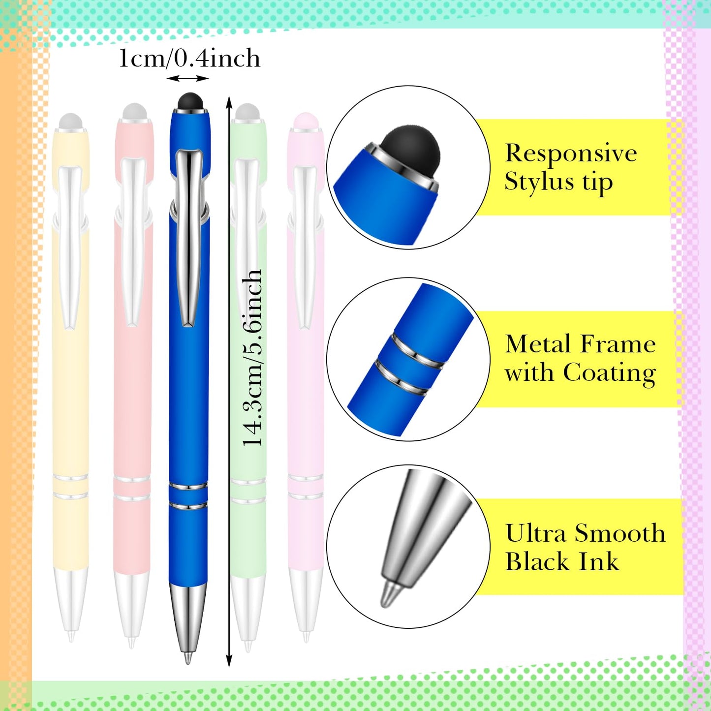 Zonon 38 Pcs Stylus Ballpoint Pens, Metal Rubberized Grip, Candy Colors