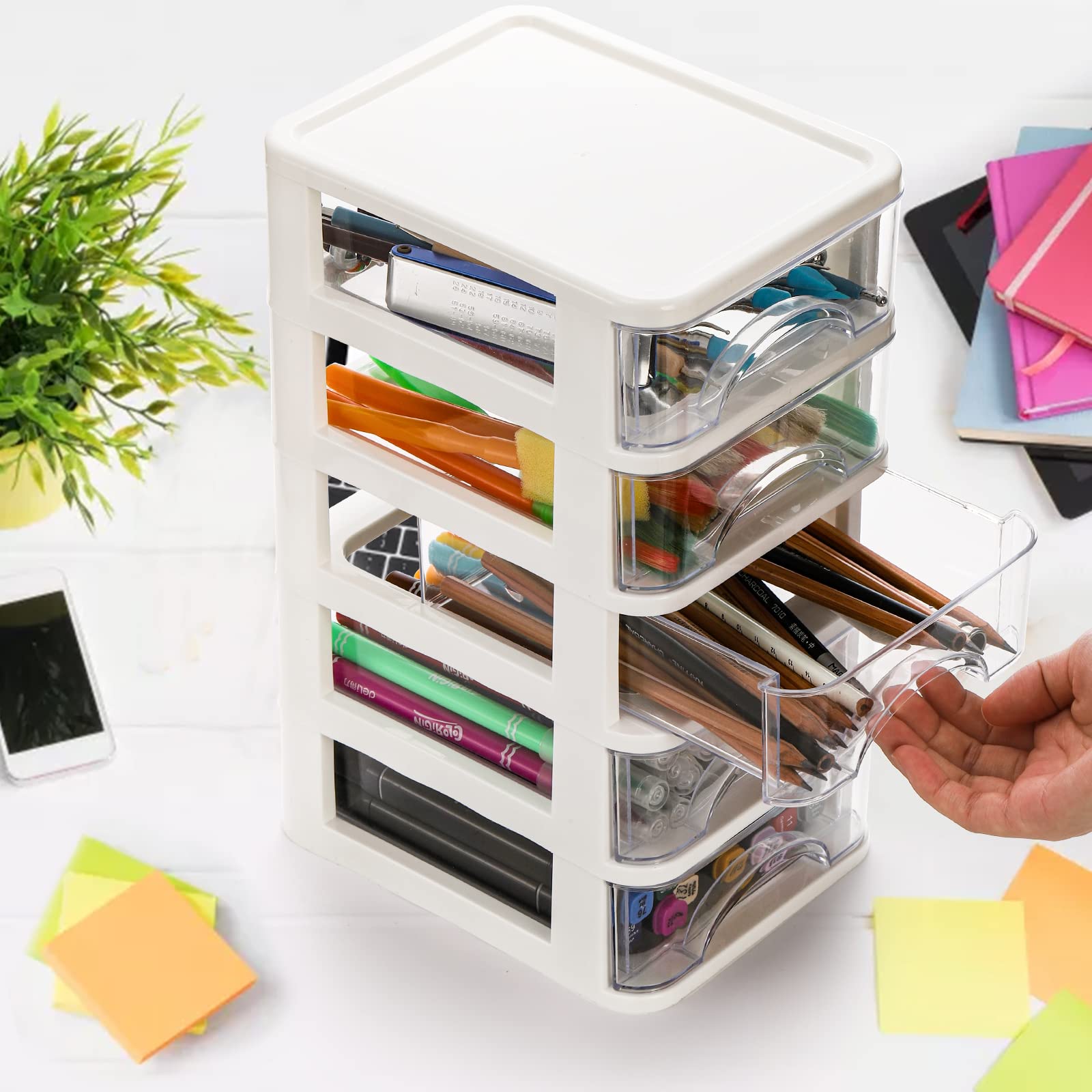 Hedume Desktop Drawer, Clear 5 Drawer Desktop Storage Unit, White Frame with Clear Drawers, Drawer