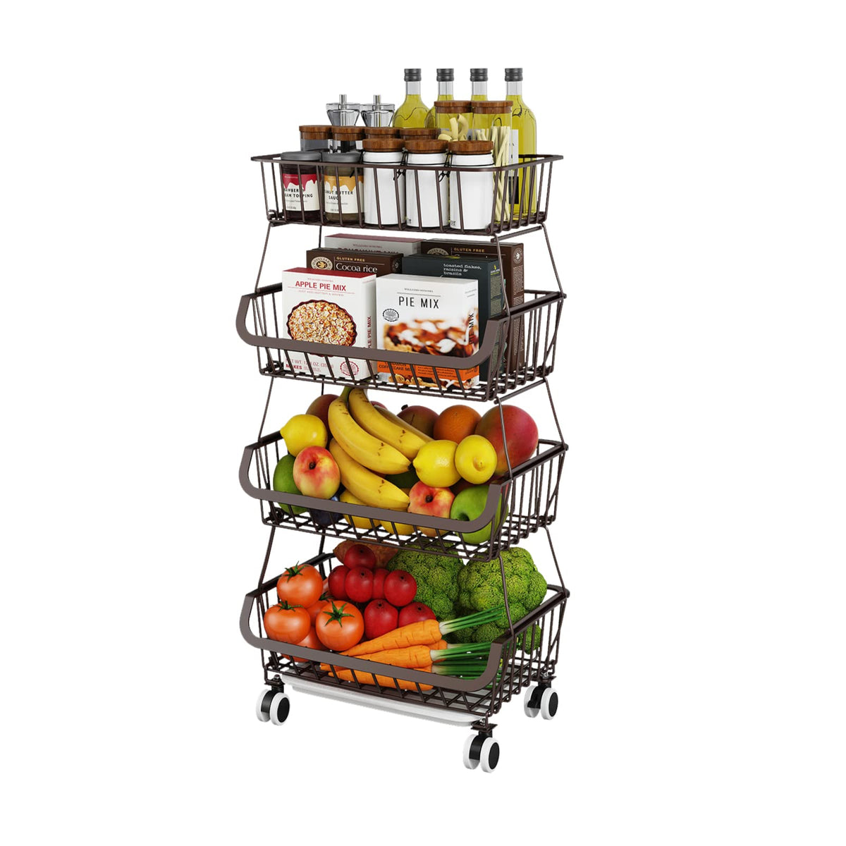 Miyawell Fruit Vegetable Storage Basket for Kitchen - 4 Tier Stackable Metal Wire Baskets Cart with
