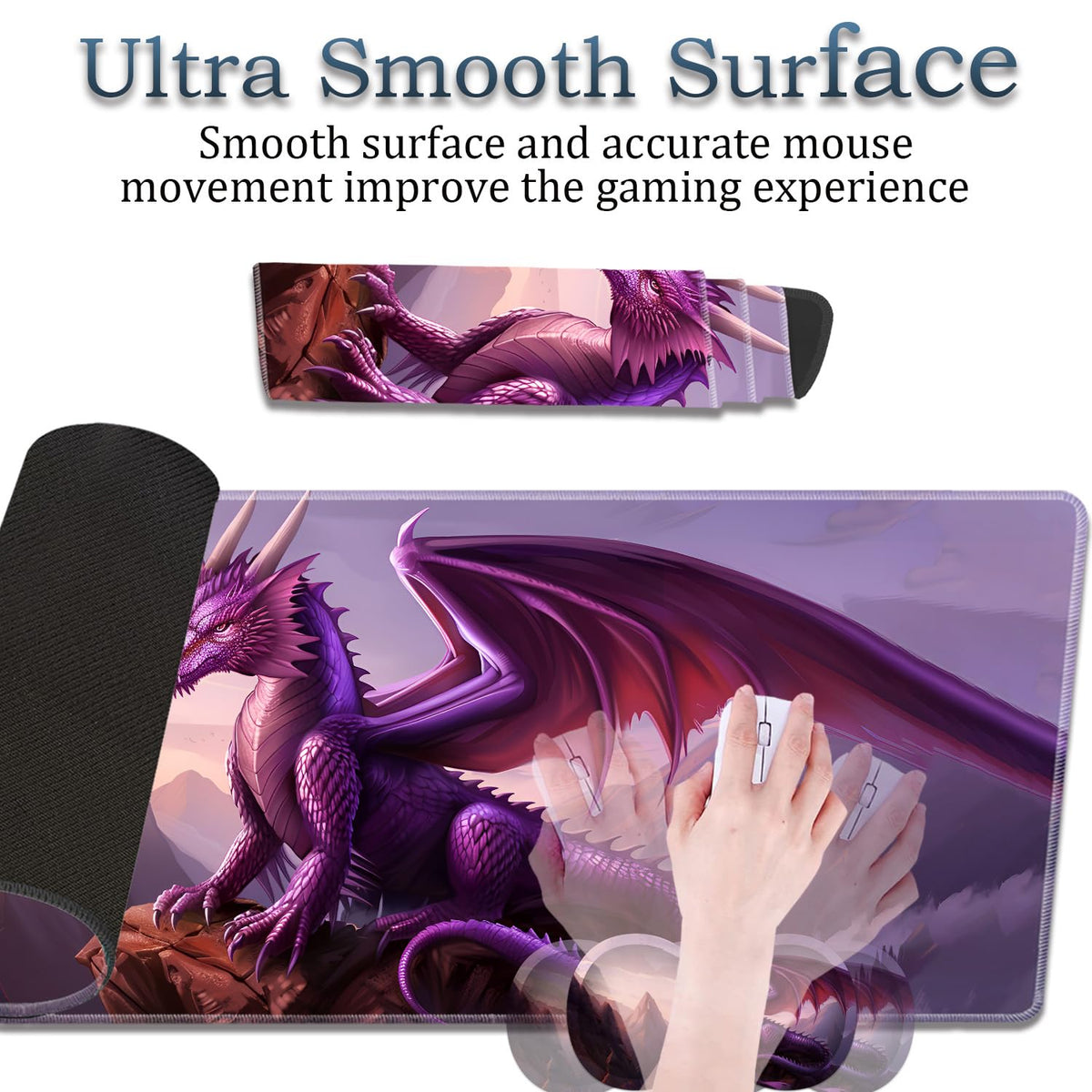 3-Piece Purple Dragon Mouse Pad Set, Including Wrist Support Pad and Cup Holder, with Waterproof