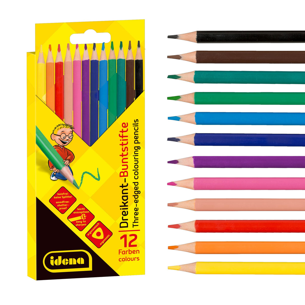 Idena 20133 Colouring Pencils in 12 Colours, Wood-Free Coloured Pencils in Ergonomic Triangle