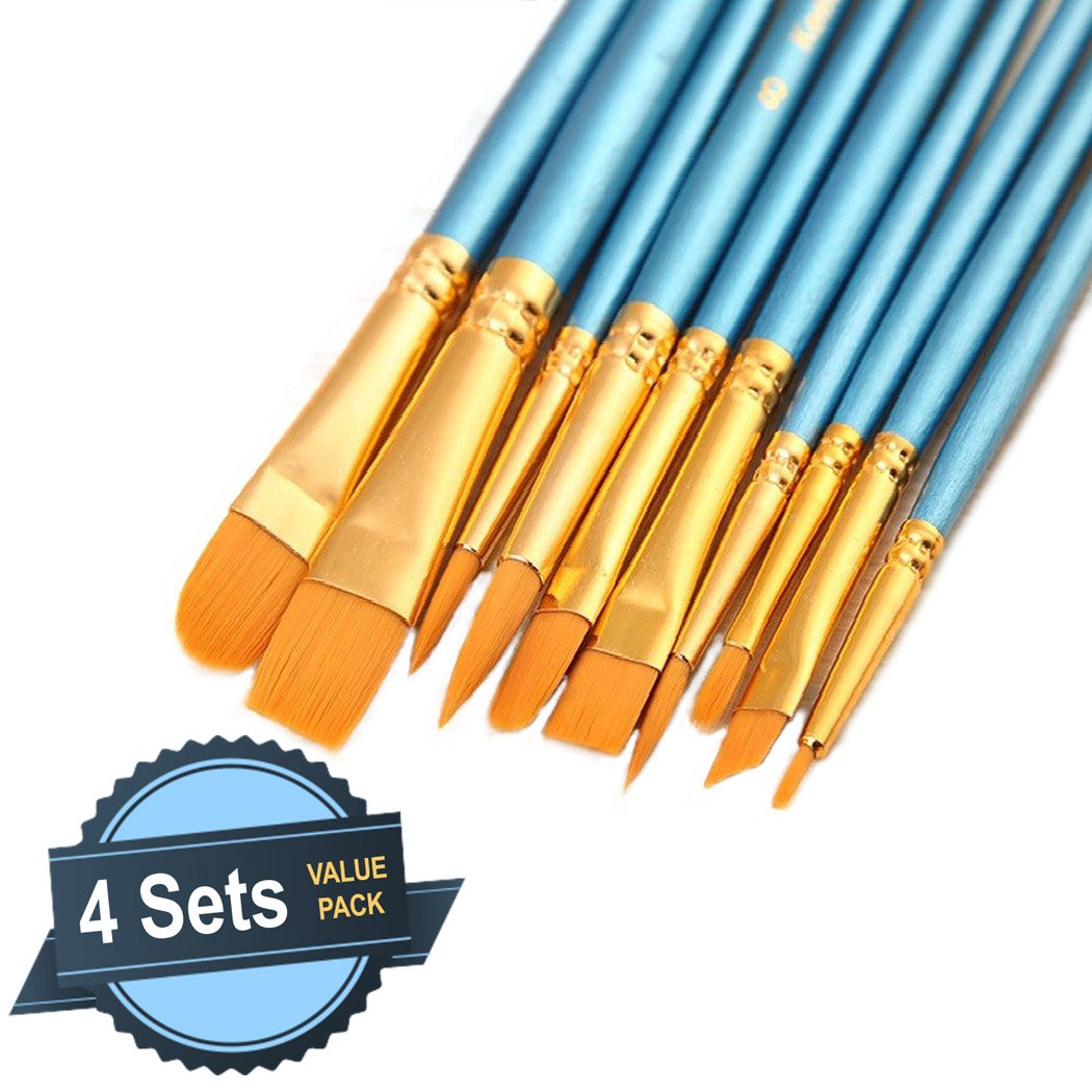 4 Sets of 10 Pcs Paint Brush Set, Synthetic Hair, Assorted Sizes & Shapes