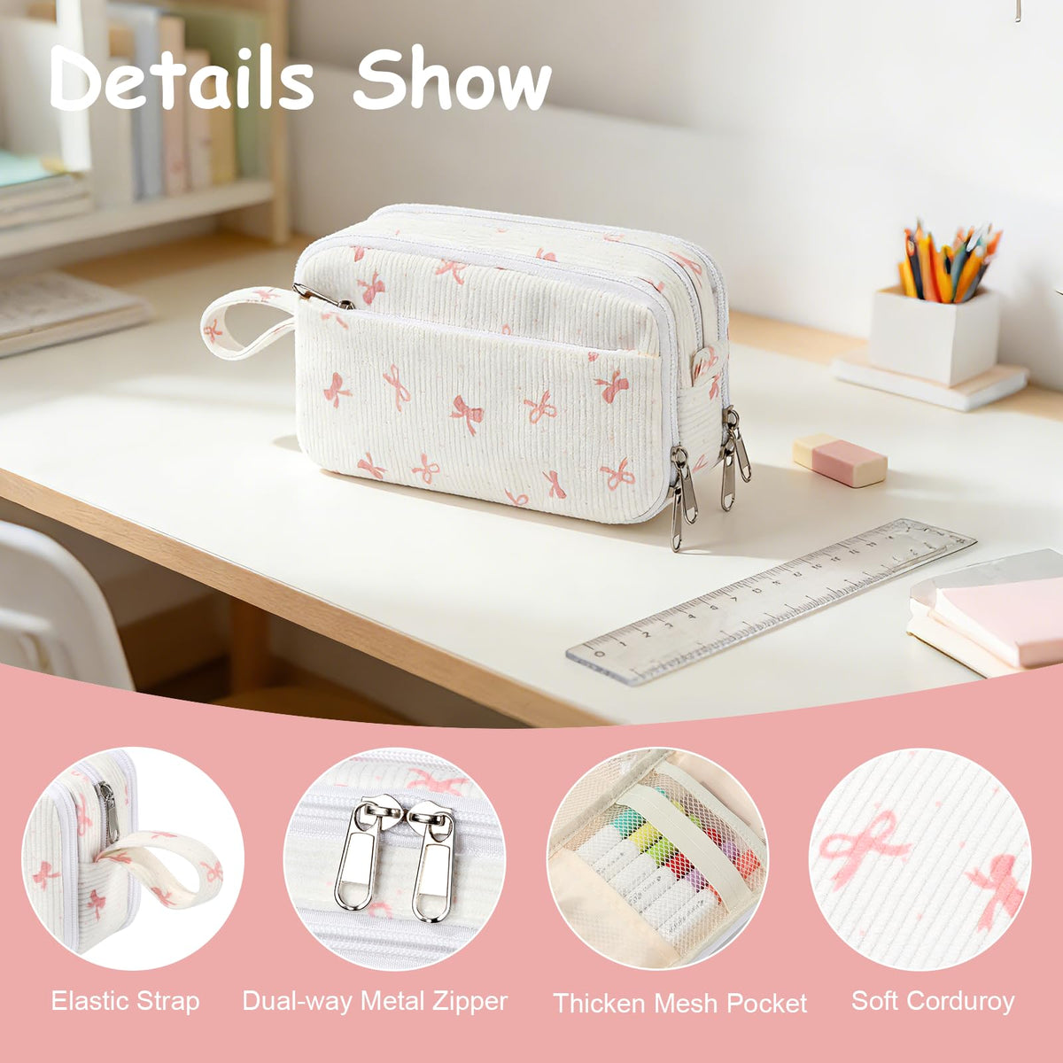 BuyCard Large Capacity Cute Pencil Case, Aesthetic Pen Pouch, White with Pink Bow Pattern Pencil