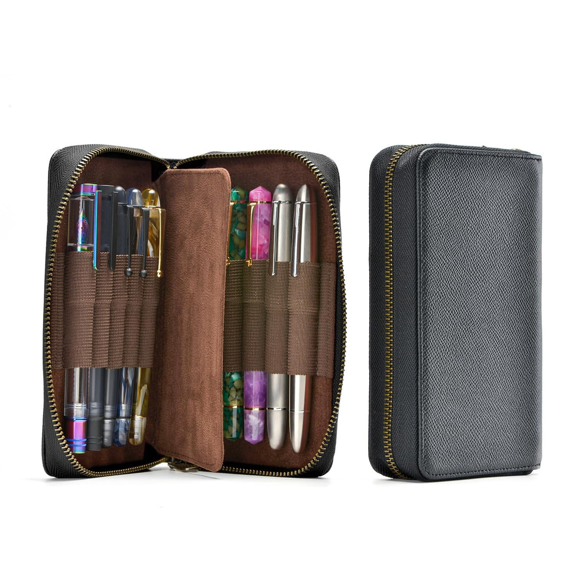Fountain Pen Case Genuine Leather Pen Case 10 Divided Slots Black, Rollerball Pen Holder Handmade
