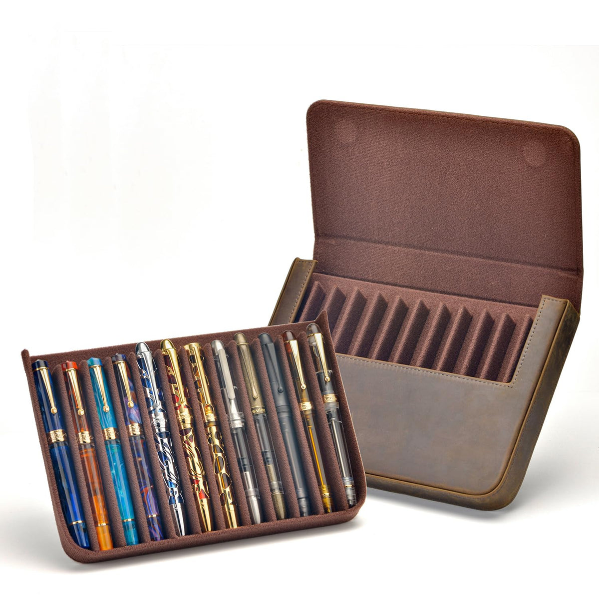 Lanxivi 12 Fountain Pen Case Genuine Leather Organizer, Crazy Horse Cowhide Leather Portable Pen