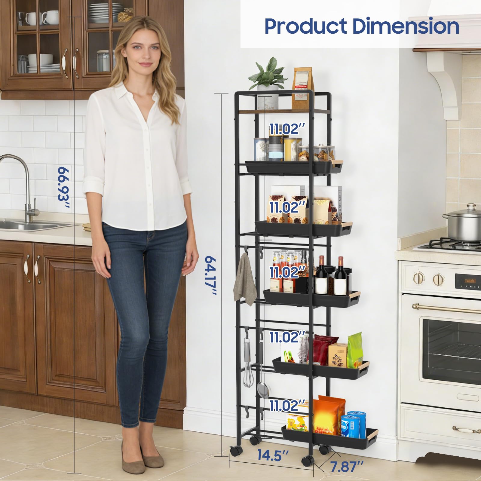 MAYBOSS 6 Tier Slim Storage Cart with Pull-Out Baskets Rolling Cart with Wheels Wood Top Narrow