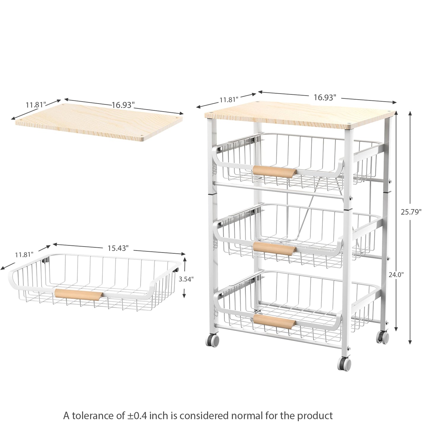 JAQ Slide Out Fruit Vegetable Basket for Kitchen, 4-Tier Rolling Storage Cart with Wooden Handle &