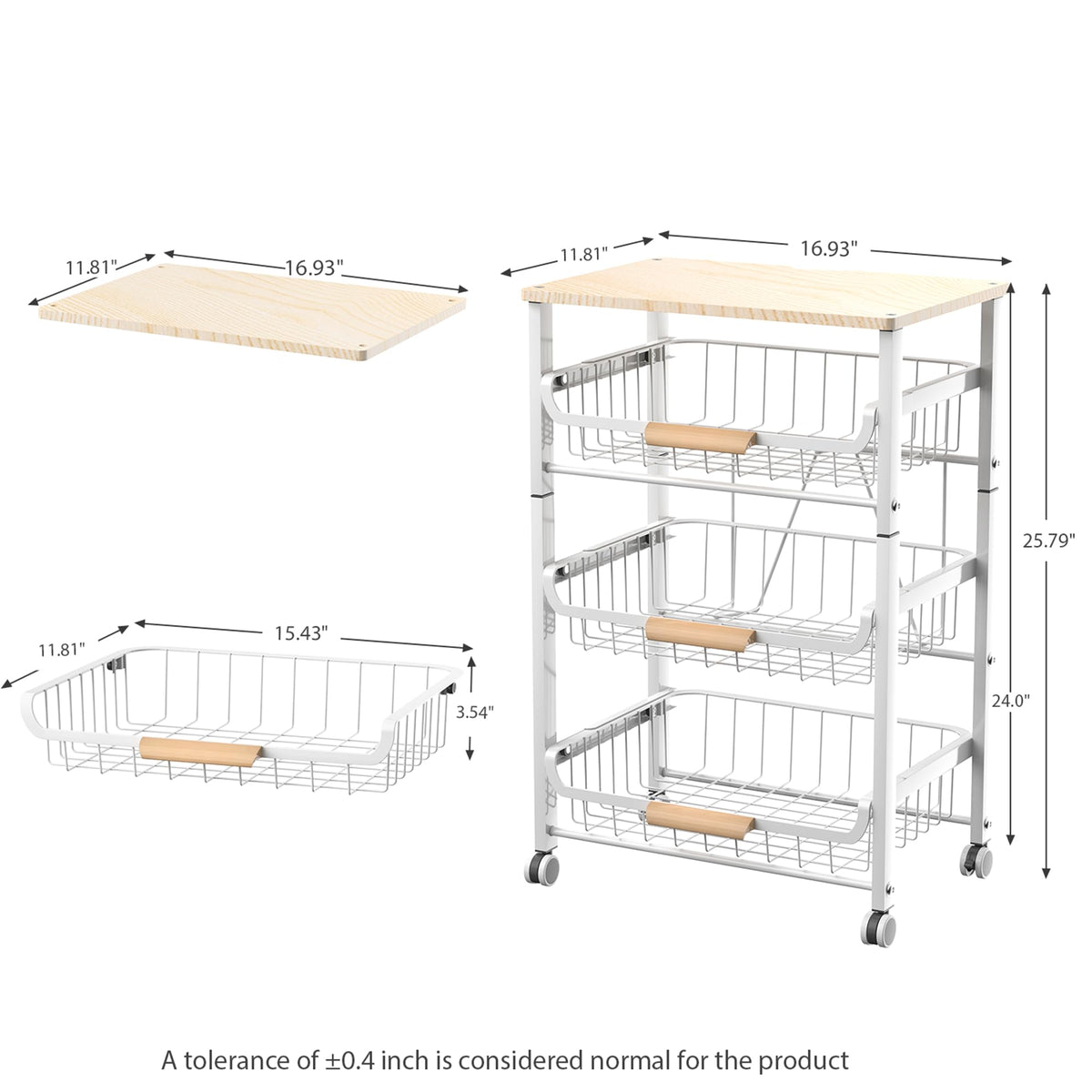 JAQ Slide Out Fruit Vegetable Basket for Kitchen, 4-Tier Rolling Storage Cart with Wooden Handle &