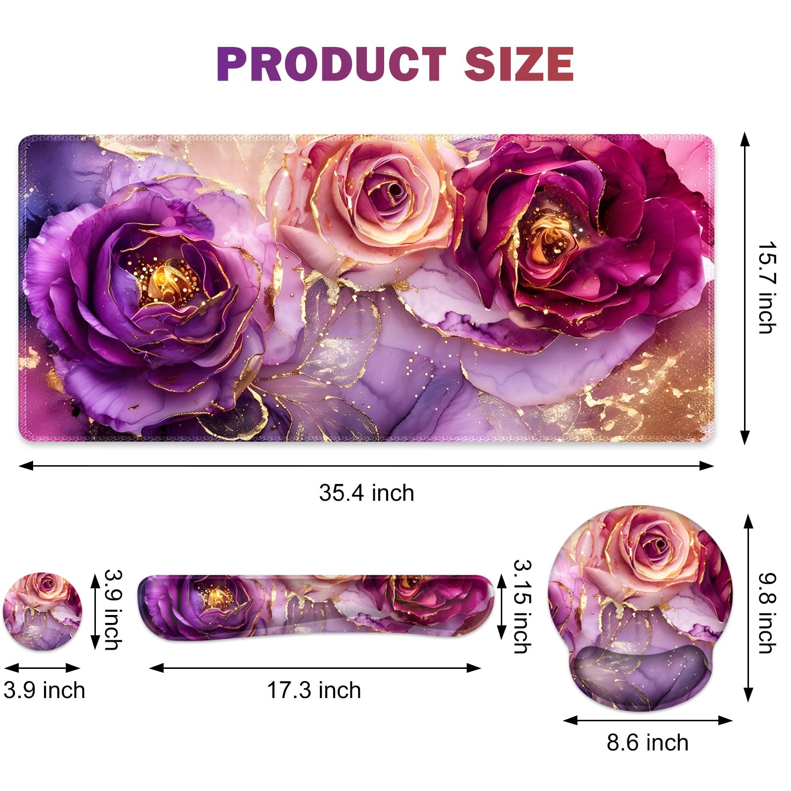 Gaming Mouse Pad Large Desk Mat, Cute Purple Marble Rose Desk Pad Protector