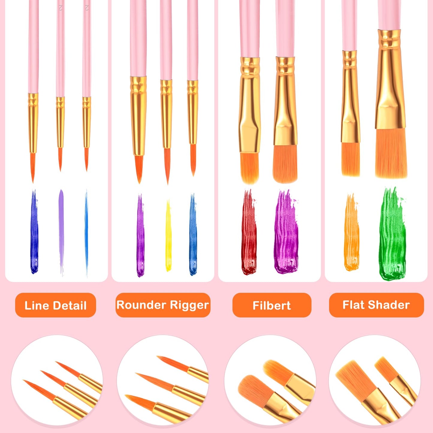 ESRICH 200PCS Pink Paint Brushes, Paint Brush for Acrylic Painting