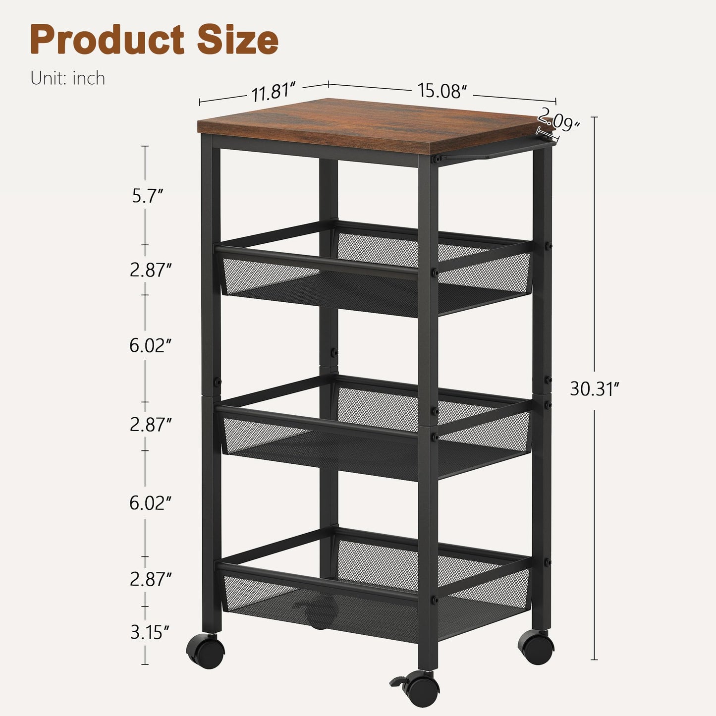 Hoctieon Rolling Storage Cart, 4-Tier 11.8" Wide Panel Kitchen Storage Cart, Utility Carts with