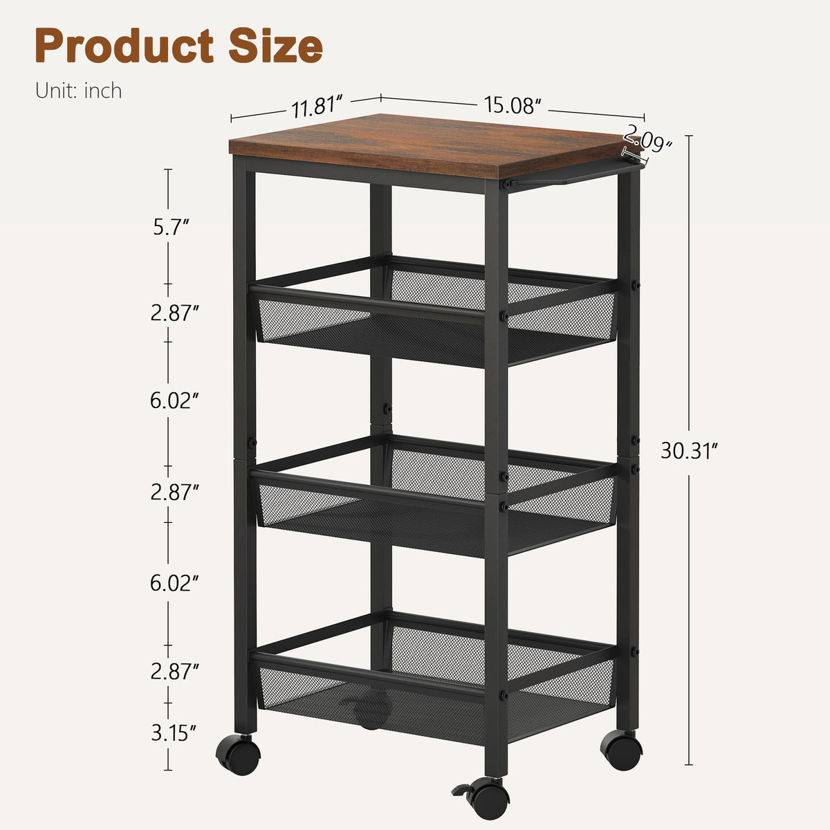 Hoctieon Rolling Storage Cart, 4-Tier 11.8" Wide Panel Kitchen Storage Cart, Utility Carts with
