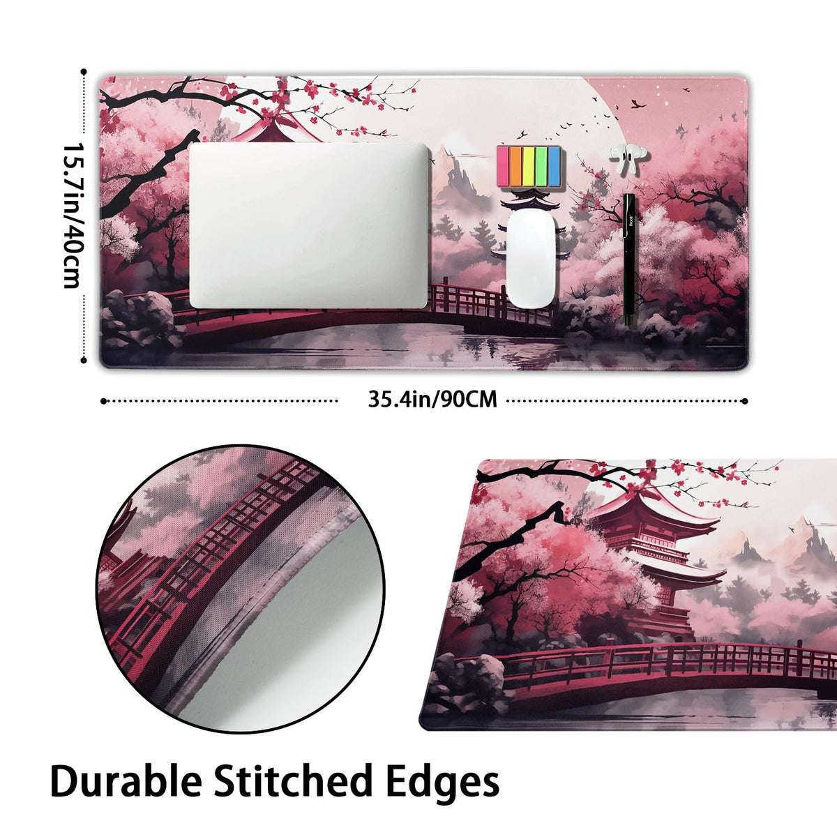 Pink Japanese Cherry Blossom Large Mouse Pad XXL Sakura Forest Tree Sun Tower Mountain Extended