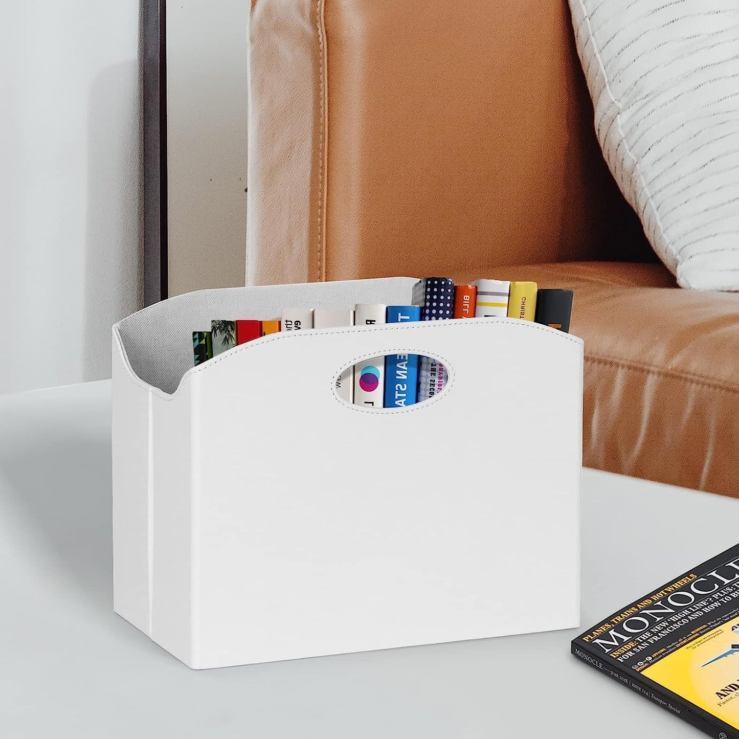 EZDeco Magazine Holder Foldable Magazine Rack Floor PU Leather File Holder Newspaper Book Storage