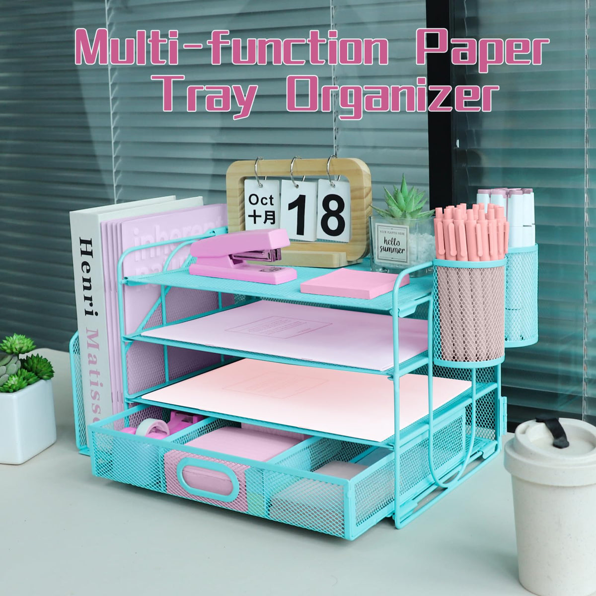 ideallife Desk Organizers and Accessories with File Holder, 4-Tier Paper Letter Tray Organiser with