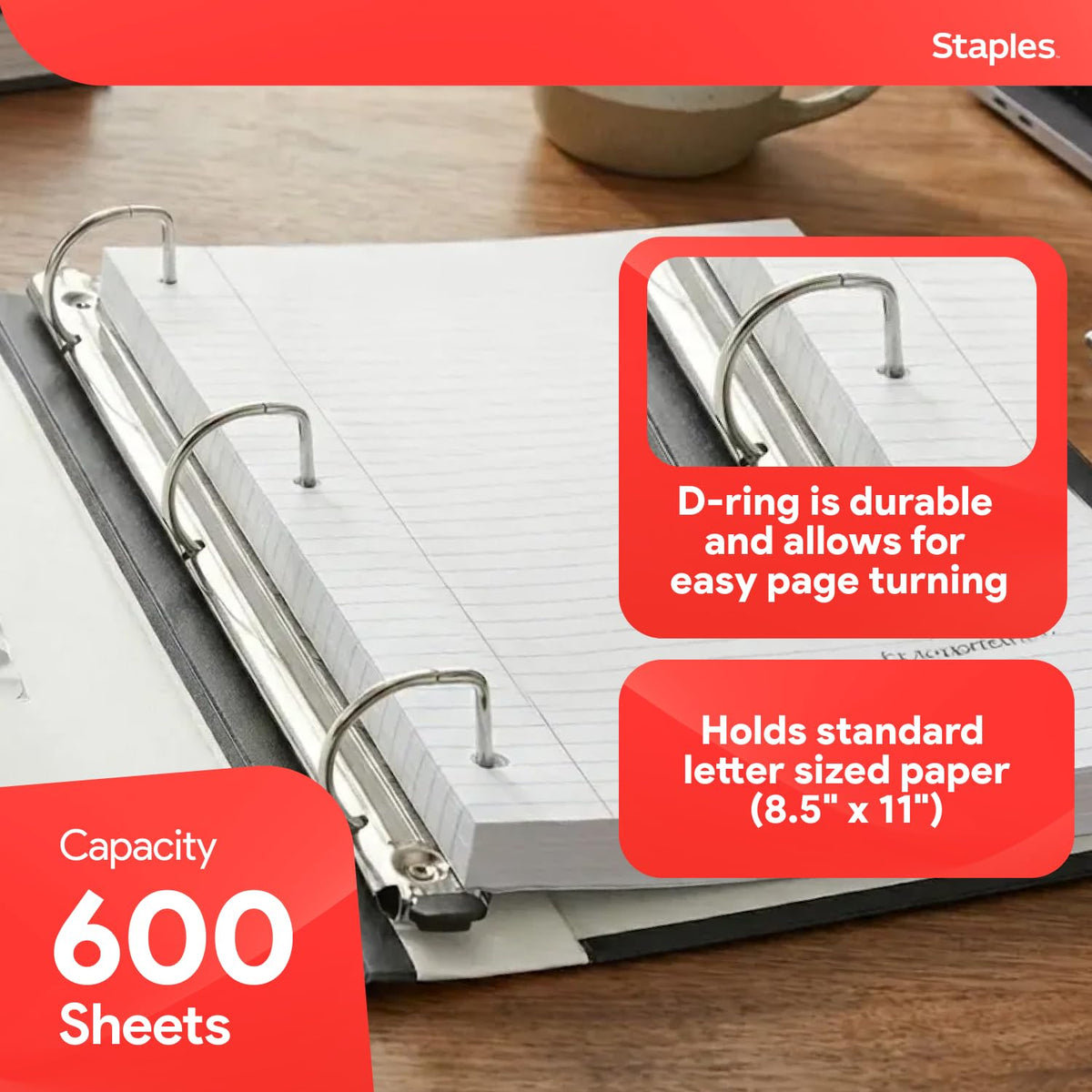 Staples Heavy-Duty 3-Inch D-Ring Binder, White, Holds 600 Sheets