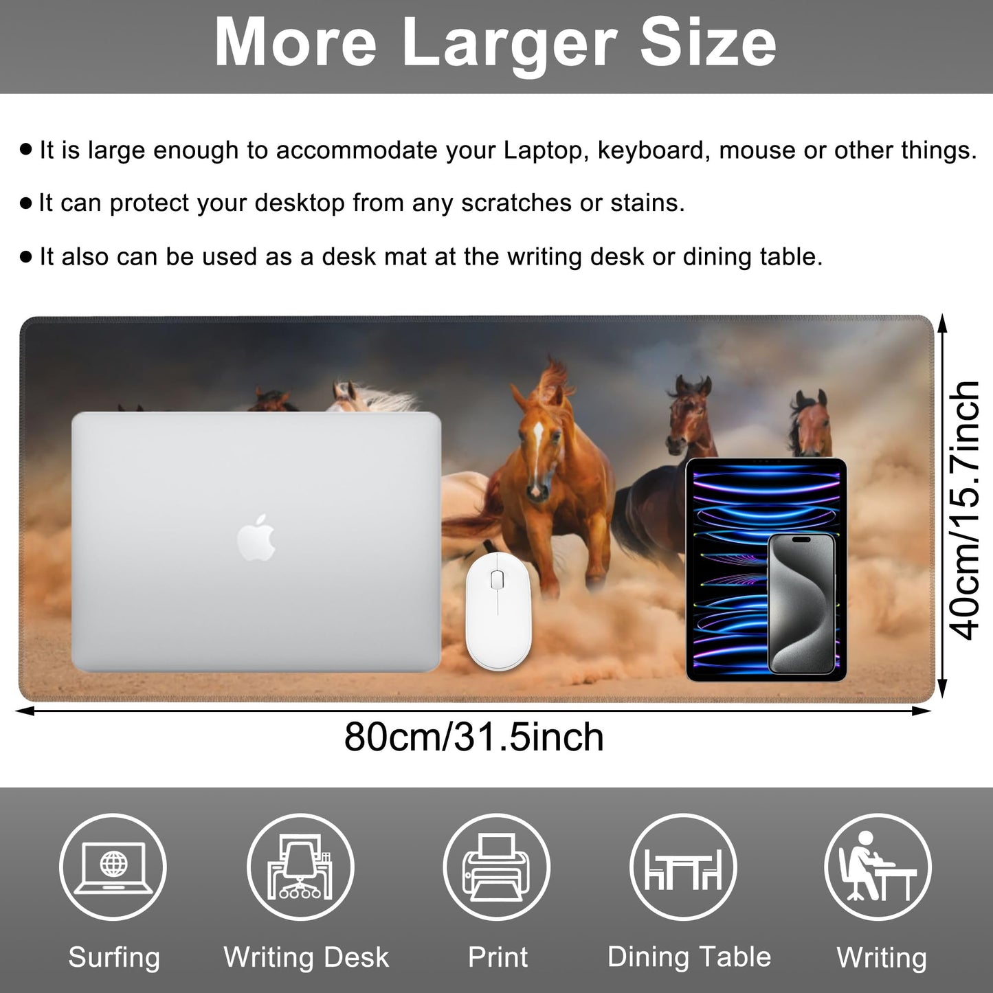 Mouse Pad, Large Running Horse Herd Desk Mat, Extended Non-Slip Gaming Keyboard Mousepad Desk Pad