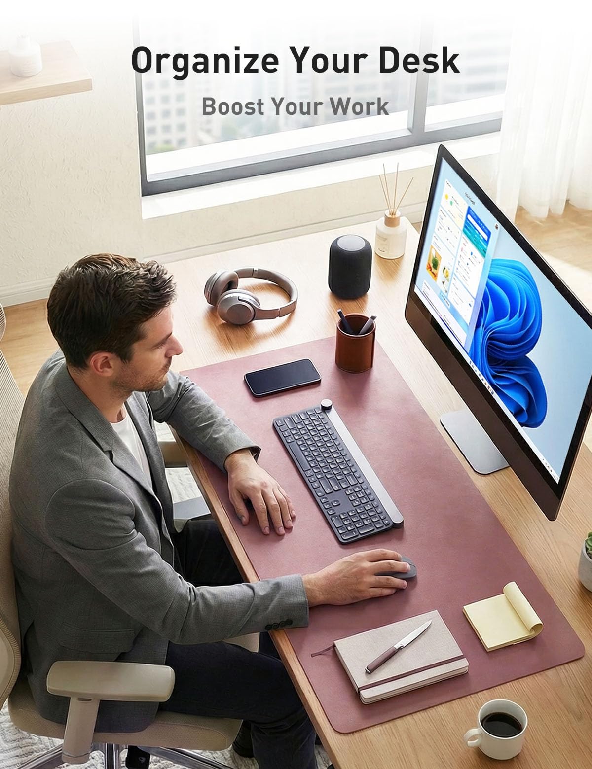 Aothia Faux Leather Desk Mat - Non-Slip PU Leather Desk Blotter, Waterproof Writing Surface, Large