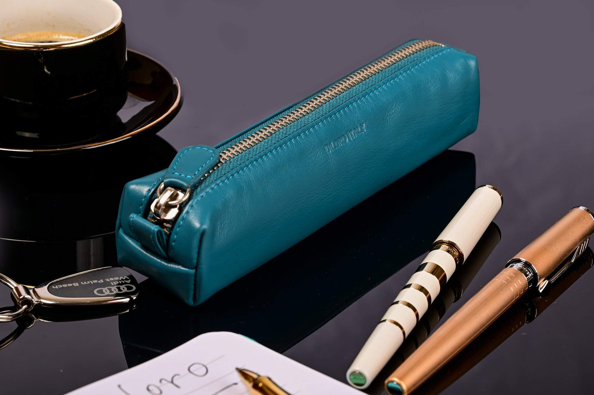 DiLoro Leather Zippered Fountain Ballpoint Rollerball Pens and Pencils Case Holder Pouch Genuine