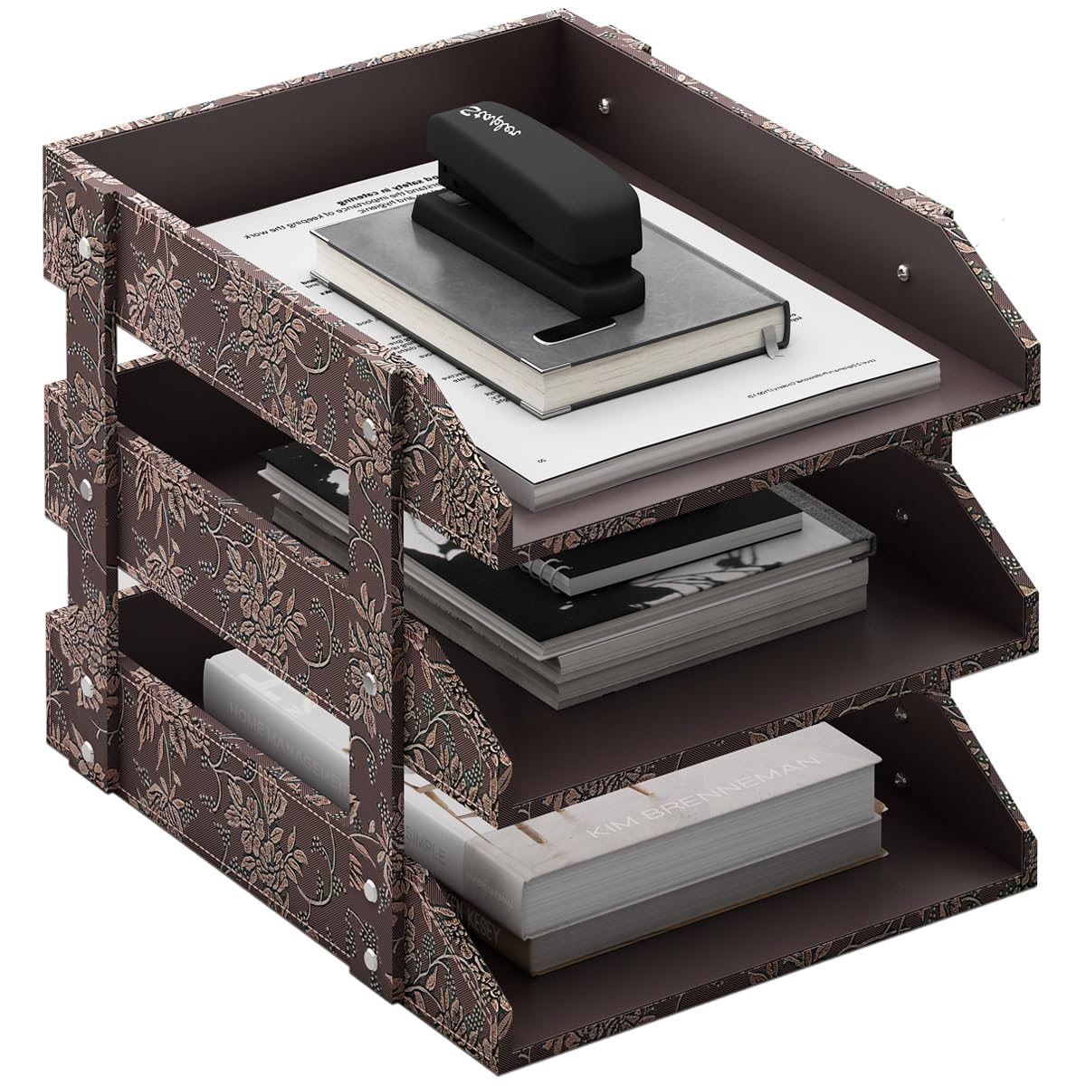 Leather Desk Organizer, Thipoten 3-Tier Stackable Letter Tray Holder for Office Supplies, Paper