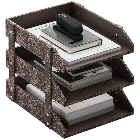 Leather Desk Organizer, Thipoten 3-Tier Stackable Letter Tray Holder for Office Supplies, Paper