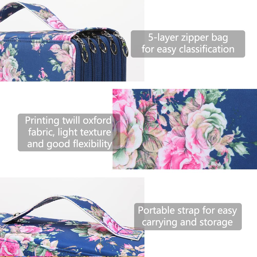 Vomgomfom 252 Slots Pencil Case 5-Layer PU Leather, Handle, Blue Rose