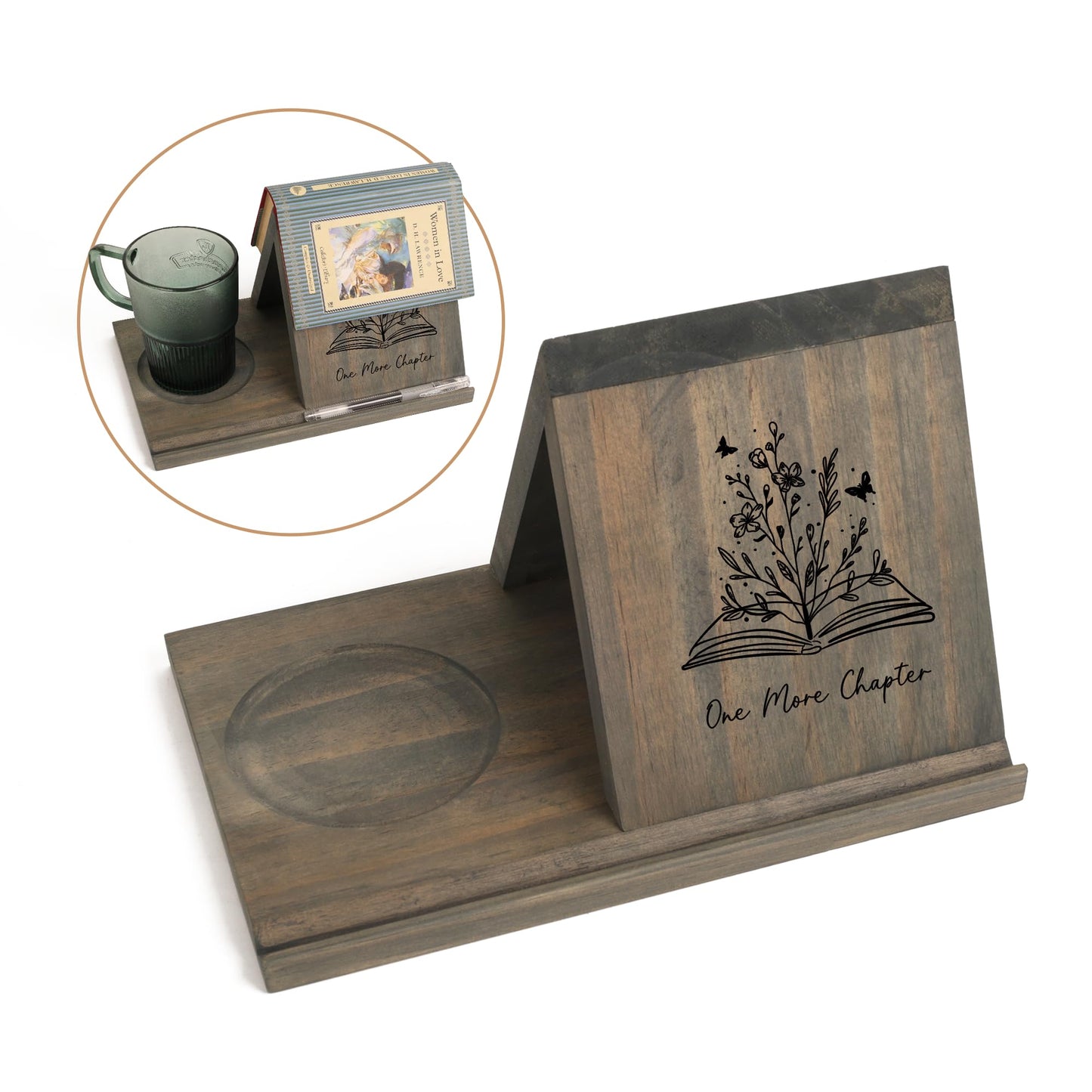 LITIVY Wooden Book Holder with Drink Holder, Wooden Triangle Bookmark Reading Rest with Slotted