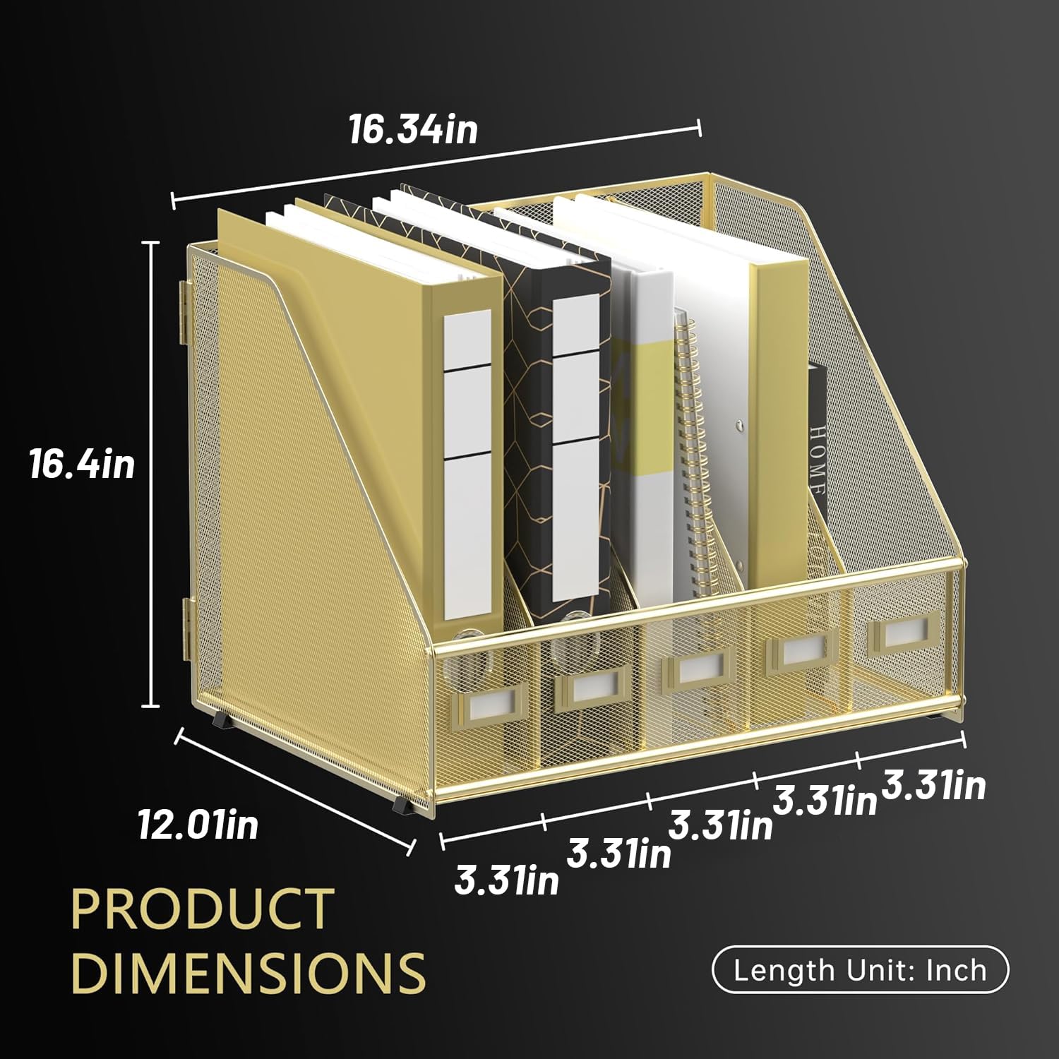 DALTACK 5-Slot Magazine File Holder, Metal Binder Holder, Gold