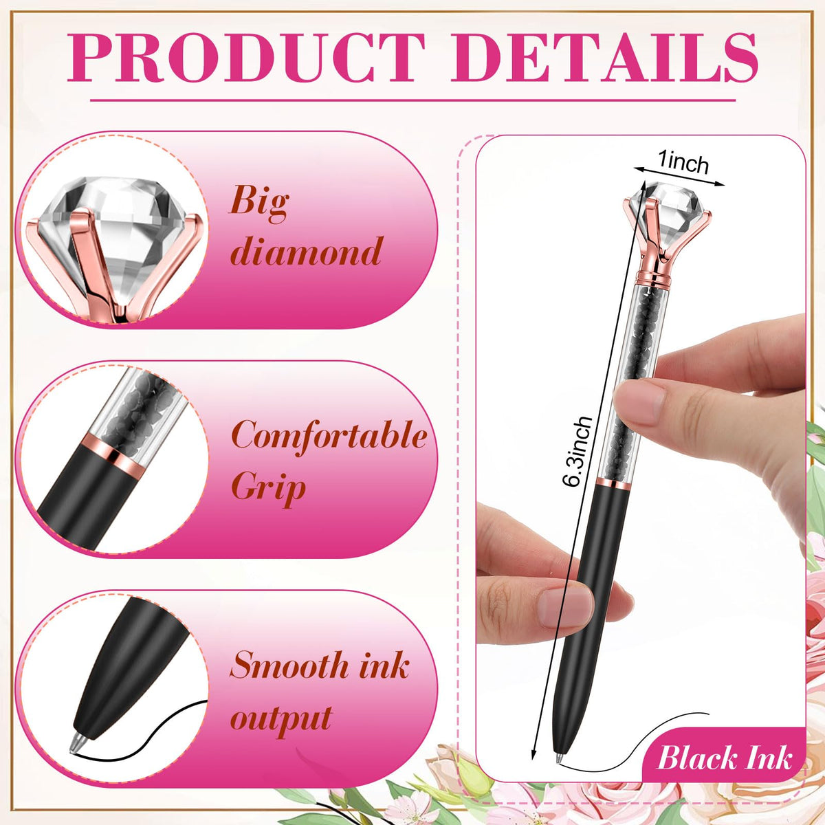 Sherr 100 Pack Crystal Diamond Pens Jewel pen Bulk, Black, Glitter