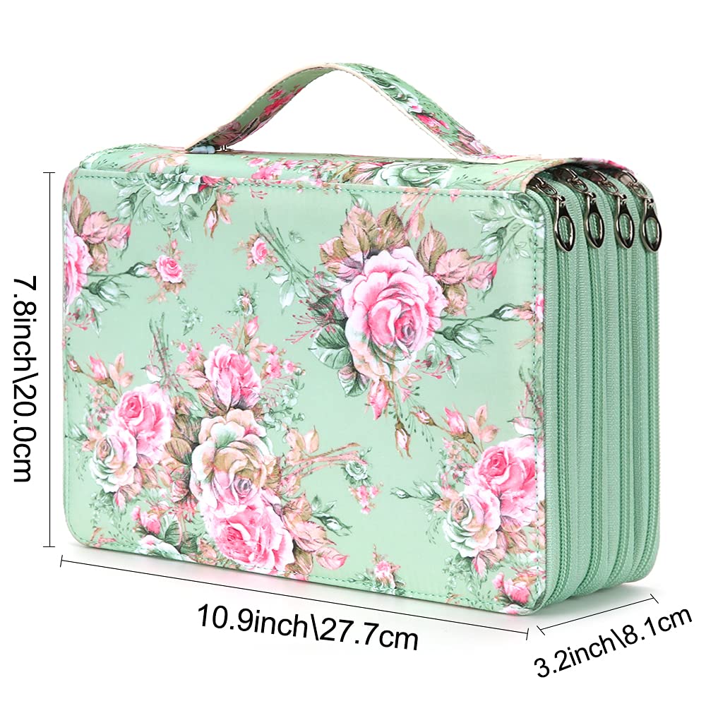 Vomgomfom 200 Slots Pencil Case 4-Layer PU Leather, Handle, Green Rose