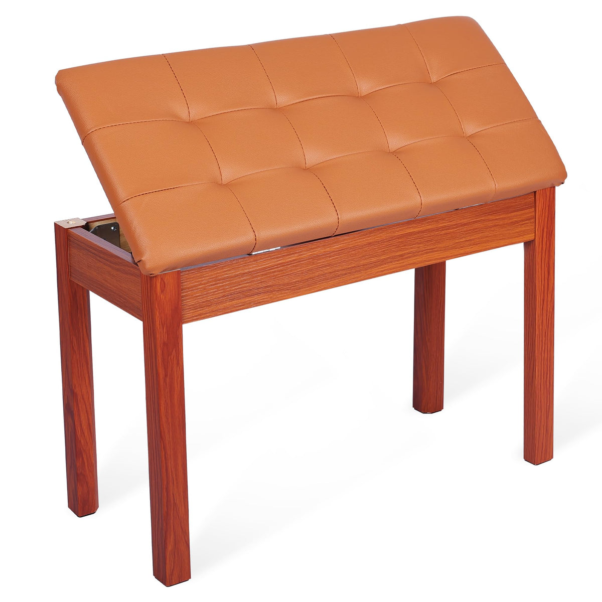 Wooden Duet Piano Bench with Padded Cushion and Storage Compartment, Brown