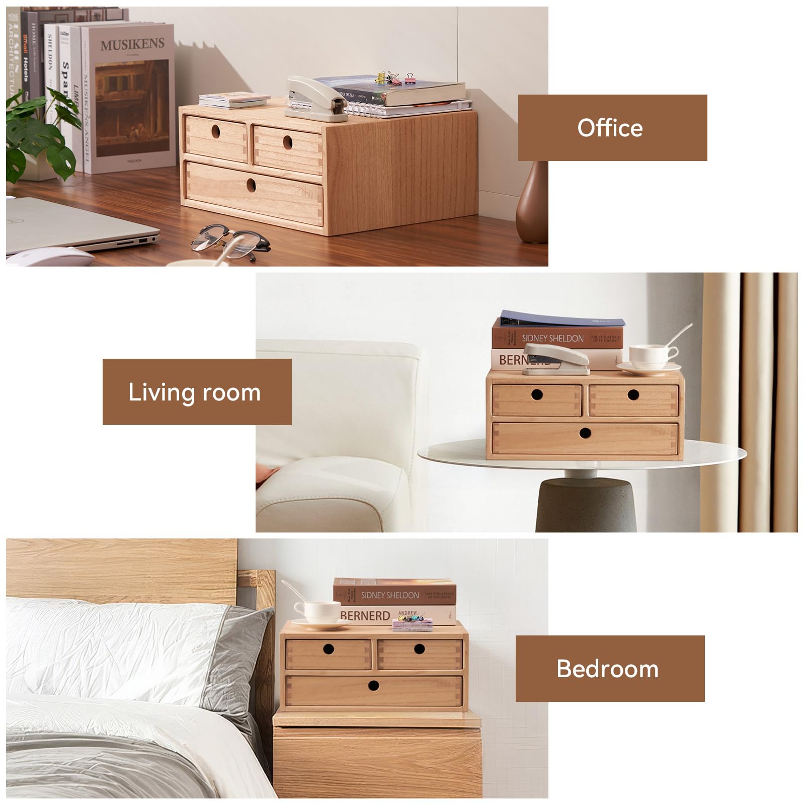KIRIGEN Wood Desk Organizer with 3 Drawers, Desktop Storage, Natural 23-NA