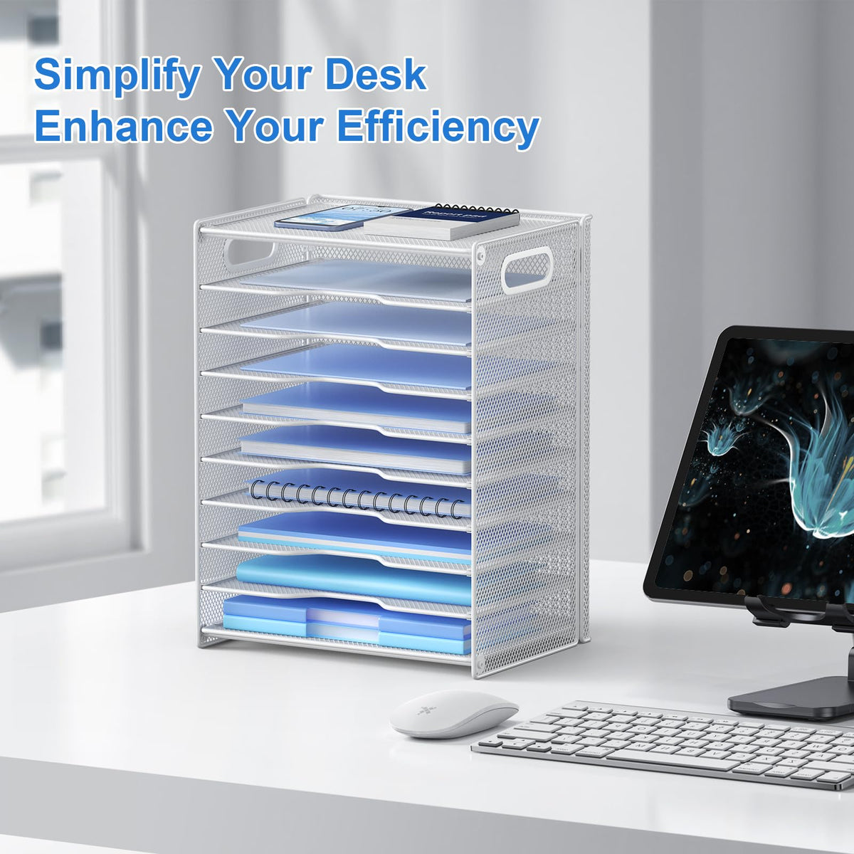 OUTWOLF 10 Tier Paper Organizer - Letter Tray Mesh Desk File Organizer with Handles for Office