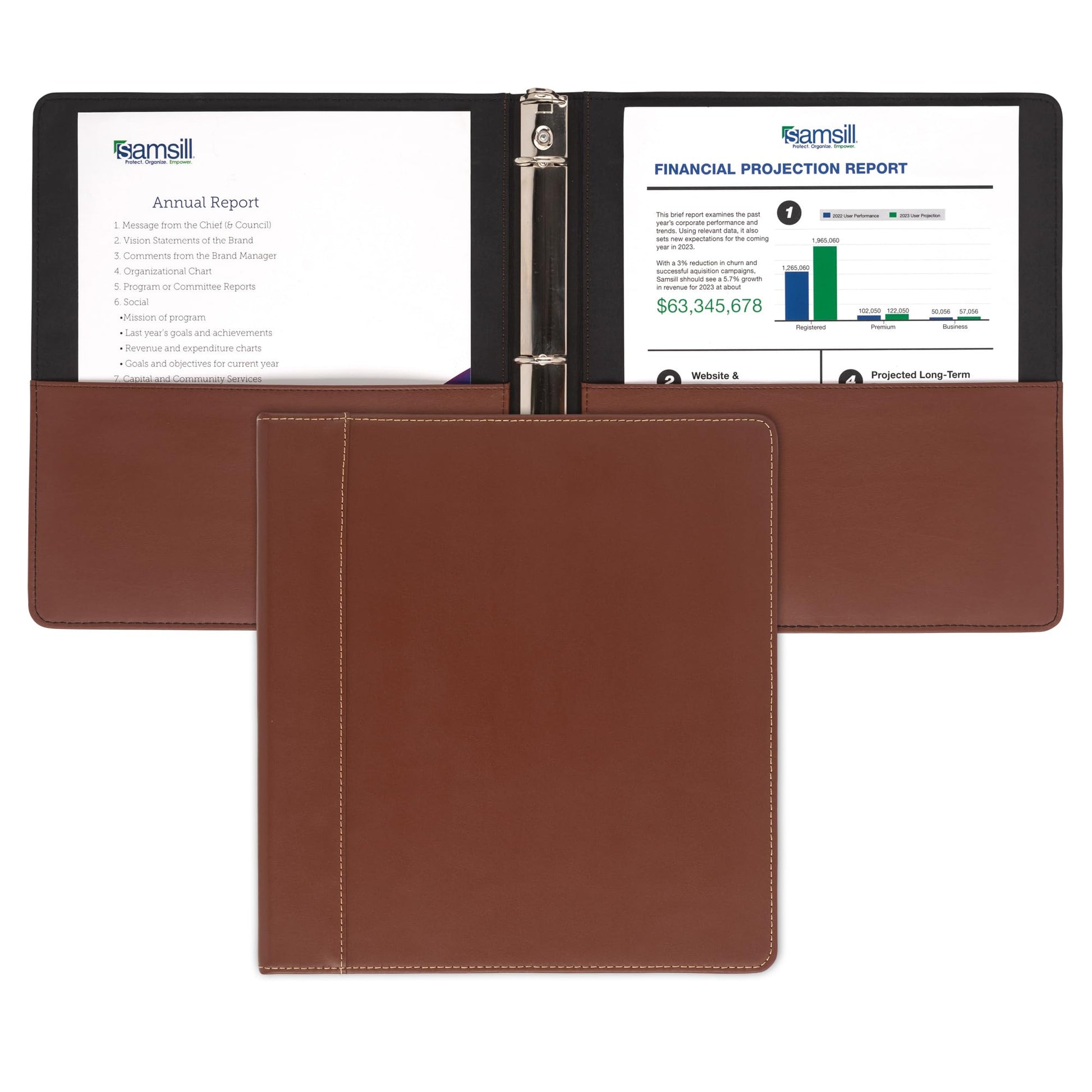 Samsill 1 Inch 3 Ring Binder, Leather, Brown with Contrast Stitching, 8.5X 11 Inch, 3 Rings