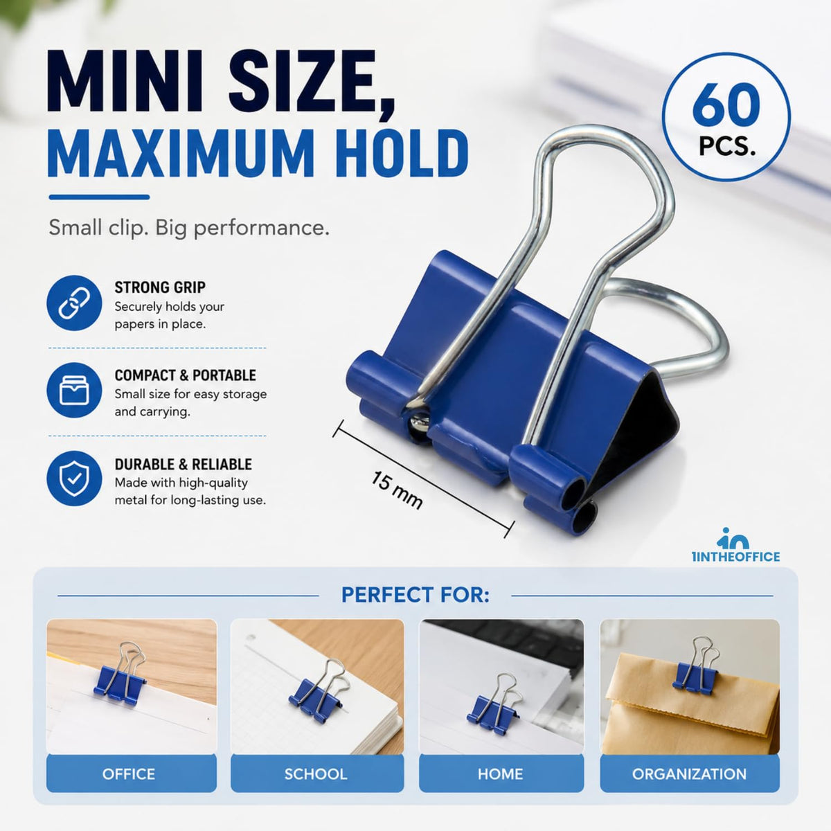1InTheOffice Multicolored Binder Clips, Mini, 60ct